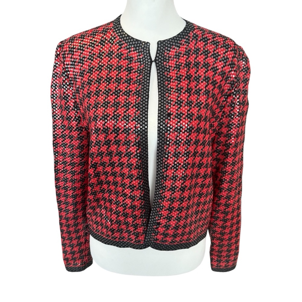 VTG 80s St. John Marie Grey Sweater Red and Black Houndstooth Pailette Shimmer